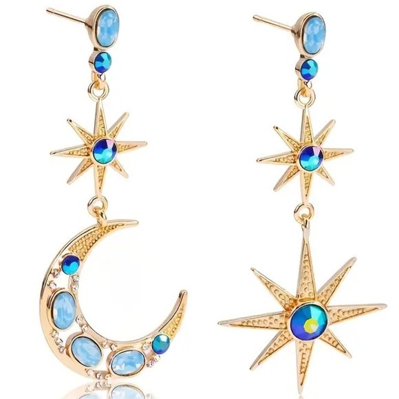 Sun Moon Stars Blue Rhinestone Asymmetrical Drop Earrings - NEW - Picture 2 of 6